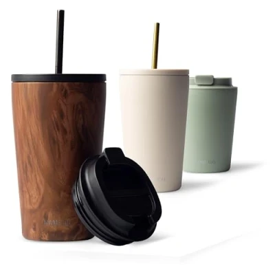 Image of MAMEIDO Travel Mug 470ml &amp; 700ml Leakproof Tumbler with Straw Lid, Stainless Steel Mugs for Cold Hot Drinks BPA Free (Oak Wood, 0,47l)