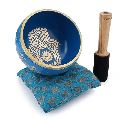Image of Ajuny Tibetan Singing Bowl Set Handcrafted Meditation Brass Sound with Stick and Cushion for Yoga, Chakra Healing, Mindfulness Stress Relief Spiritual Gifts Gold Blue