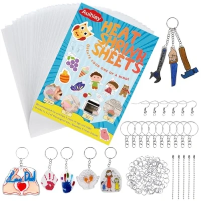 Image of Auihiay 145 Pieces Shrink Plastic Sheet Kit Include 20 PCS Shrinky Paper with 125 Keychains Accessories for Kids Creative Craft