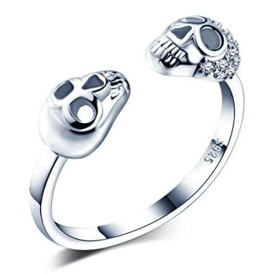Image of Infinite U Unique Double Skulls 925 Sterling Silver Cubic Zirconia Girls Band Ring Open Ring, Adjustable Size L P