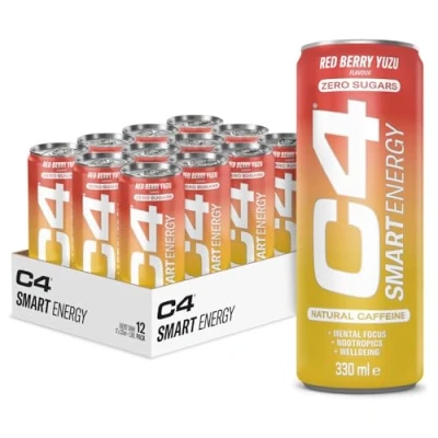 Image of C4 Smart Energy Drinks Red Berry Yuzu 330ml (12 pack) Sugar Free Drink with 106mg Natural Caffeine, Brainberry, Nootropics, Vitamin C for Mental Focus On the Go