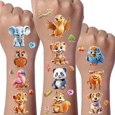 Image of Animal Glitter Tattoo for Kid, 12 Sheets Animals Temporary Tattoos Kids, Gifts Boys Girls, Entertainment Games Children, Party Bags Fillers