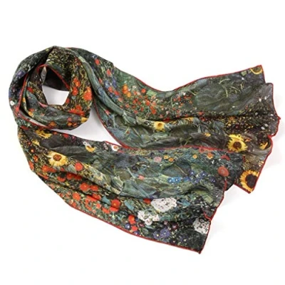 Image of Prettystern Women long Silk Scarf Gustav Klimt Art painting for Business Evening Farm Garden with Sunnflowers P882