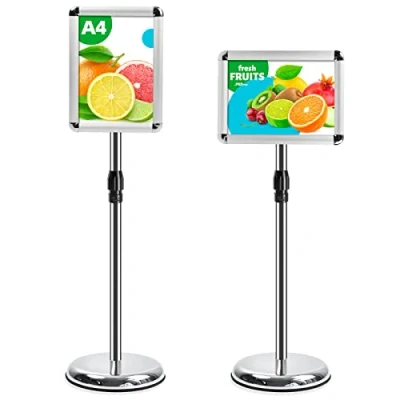 Image of VAIIGO A4 Sign Stand Adjustable Poster Aluminum Snap Frame Menu Replaceable Advertising Rack Floor Display Stands with Safety Corner and Stable Round Base (Silver, A4)