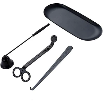 Image of Candle Accessory Set, 4Pcs Care Tools Include Wick Trimmer, Dipper, Snuffer and Storage Tray Plate for Lovers (Black)