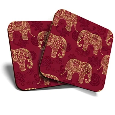 Image of Great Coasters (Set of 2) Square/Glossy Quality Coasters/Tabletop Protection for Any Table Type Gold Indian Elephants Wild Animal #8856