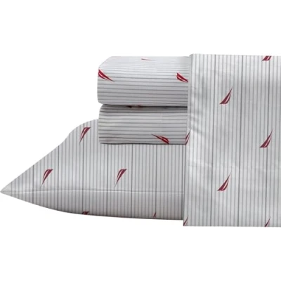 Image of Nautica Queen Sheet Set, Cotton Percale Bedding Crisp &amp; Cool, Lightweight Breathable (Audley Stripe Red, Queen)