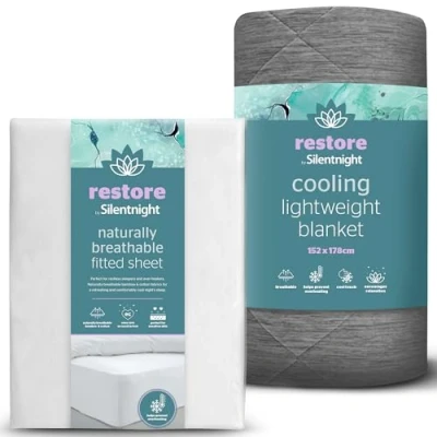 Image of Silentnight Restore Cooling Lightweight Blanket &amp; Fitted Sheet Comfortable Breathable Cool Feeling for Night Sweats Hot Flushes Menopause Summer Throw Bed Set Prevents Overheating Fabric, Double