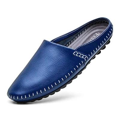 Image of Men&#039;s Classic Leather Slippers Office Casual House Slip On Backless Loafers, Dark Blue, Medium