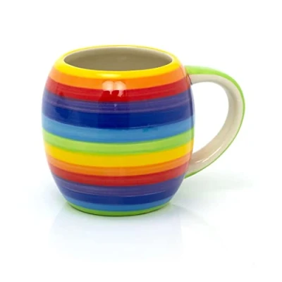 Image of Carousel Home Hand Painted Rainbow Stripe Coffee Mug Large Round Multi Coloured Tea Cup Stripped Hot Drinks