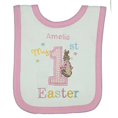 Image of Girl’s Personalised 1st Peter The Rabbit Easter Bib. (White Pink Trim)
