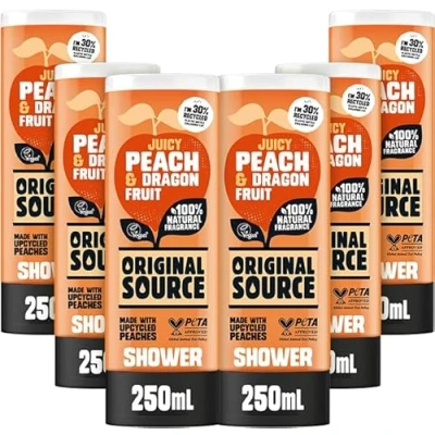 Image of Original Source Juicy Peach &amp; Dragonfruit Shower Gel with 100% Natural Fragrance, Vegan Gel, Paraben Free Body Wash, Multipack of 6 x 250ml