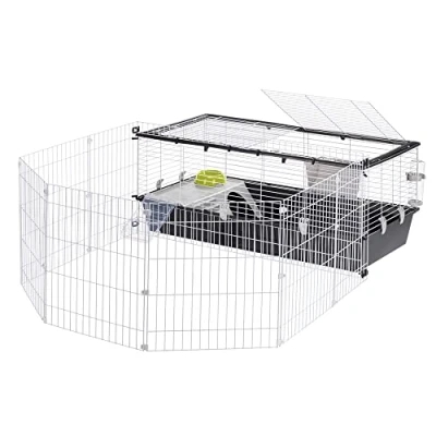 Image of Ferplast Rabbit Cage PARKHOME 120, Guinea Pig Cage, Small Animals, with Pen, House and Drinking Bowl, 118 x 164 h 56 cm, in Plastic Opening Roof