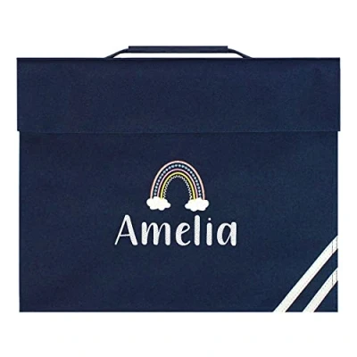 Image of TeddyTs Personalised Boho Rainbow Name School Book Bag (Navy), 36cm x 30cm