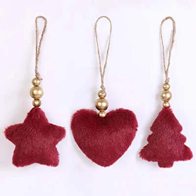 Image of Coola Christmas Tree Ornaments Plush Heart Star Decorations for Holiday Party Decor Home Decor, 3D Ornaments, Decoration Supplies 3 PCS (red)