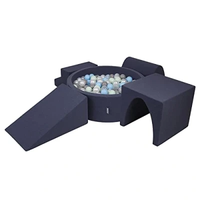 Image of KiddyMoon Foam Playground For Kids With Round Ballpit (300 Balls ∅ 7Cm/2.75In) Soft Obstacles Course And Ball Pool, Made In EU, Darkblue:Pearl/Grey/Transparent/Babyblue/Mint