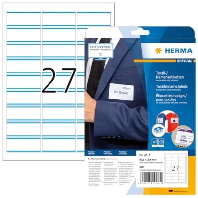 Image of HERMA Self Adhesive Clothing Labels, 27 Labels per A4 Sheet, 640 Sheets, 63.5 x 29.6 mm, 17280 Blank Removable Name Stickers, Sticky Textile for Laser &amp; Inkjet Printer, White