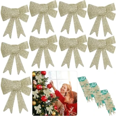 Image of SRV Hub 9PCs Christmas Small Glitter Bows, Luxury Bows for Tree Decor, Xmas Ornaments Home Party Size 11cm (Gold)