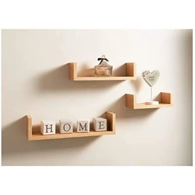 Image of Set Of 3 Different Sizes U Shaped Wooden Floating Shelf DIY Display Unit Shelves (Oak)