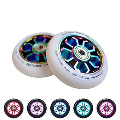 Image of BOLDCUBE Stunt Scooter Wheels 100mm Pair Pro Alloy Core ABEC9 Bearings (Spider: Chrome/White, 2 Wheels)