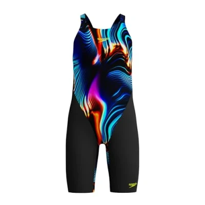Image of Speedo Girls Fastskin Junior Endurance+ Max Openback Kneeskin Swimsuit Swimming Costume Lava Blur Size 7 8 Years