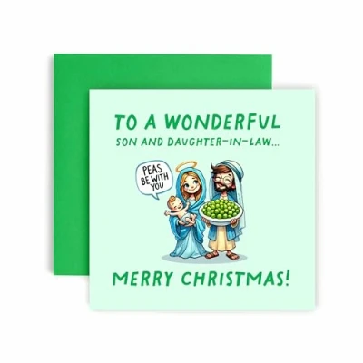 Image of Huxters Christmas Cards for Women Peas be with you Mary Jesus Son and Daughter in Law Funny Card (Son Law)