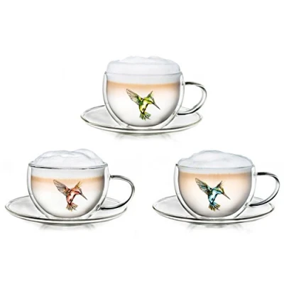 Image of Creano Set of 3 Hummi Thermo Cup, Double Walled Tea/Latte Macchiato/Cappuccino Cup with Saucer 250 ml