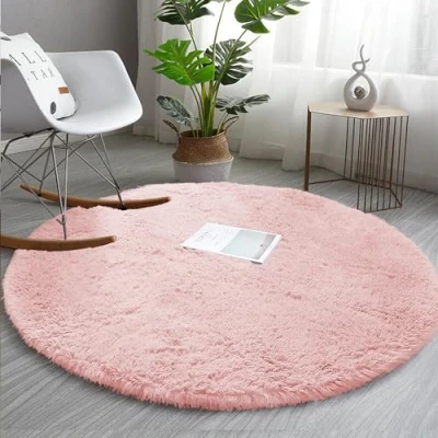 Image of AMEHA Round Rugs Living Room Fluffy Shaggy Pink Area for Bedroom 120x120cm Anti Slip Modern Super Soft Thick Pile Plush Carpet Non Shedding Easy To Clean Rug