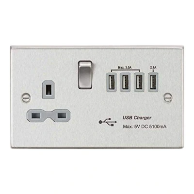 Image of KnightsBridge 13A switched socket with quad USB charger (5.1A) brushed chrome grey insert