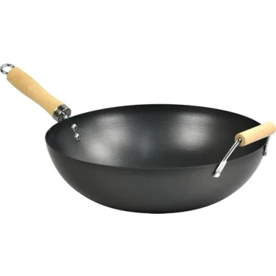 Image of Lavv Housewares Non Stick Carbon Steel Flat Bottom Stir Fry Wok with Wooden Handle (34cm, Long Handle)