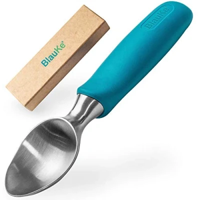Image of BlauKe® Stainless Steel Ice Cream Scoop Professional Scooper with Comfortable Non Slip Rubber Grip Heavy Duty Dishwasher Safe Baller