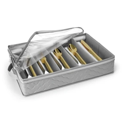 Image of Sorbus Flatware &amp; Utensil Storage Gray Fabric Chest Box for and Organizing Utensils, Silverware, Flatware, Cutlery Silverware Organizer Container with Zipper Clear Lid Adjustable Divider