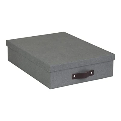 Image of Bigso Box of Sweden Document for A4 paper, Brochures and Notes with Lid Leather Handle Fibreboard Paper Storage Grey