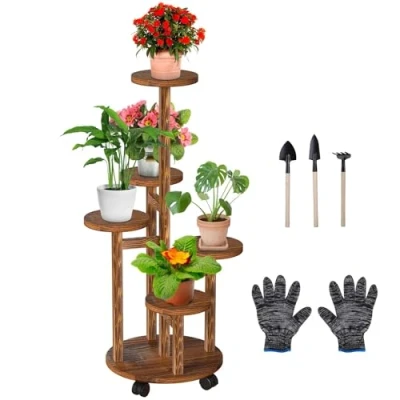 Image of Wuciray Indoor Plant Stand with Wheels Wooden for Multiple Plants