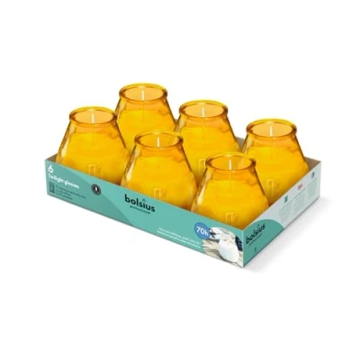 Image of Bolsius Outdoor Candles 6 Pieces in Glass Amber Burning Time 70 Hours No Palm Oil Clean Cotton Wick Non Scented