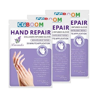 Image of 3 Pairs Hands Moisturizing Gloves, Hand Skin Repair Renew Mask w/Infused Collagen, Moisture Enhancing Gloves for Dry, Aging, Cracked (Lavender)