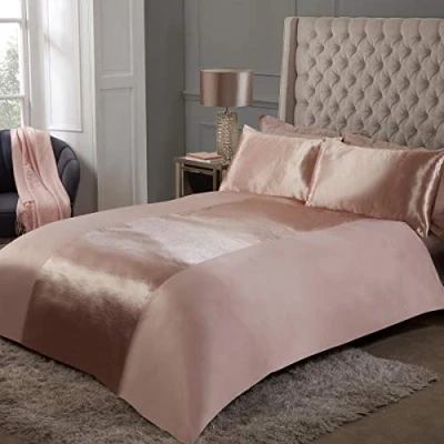 Image of Sleepdown Satin Stripe Champagne Panel Band Luxury Soft Cosy Plain Reverse Duvet Cover Quilt Bedding Set with Pillowcases Super King (220cm x 260cm), Polyester
