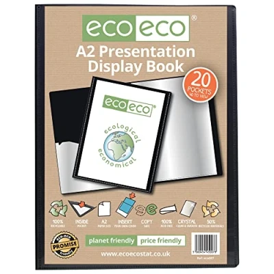 Image of eco A2 Size 50% Recycled 20 Pocket Black Presentation Display Book, Storage Case Portfolio Art Folder with Plastic Sleeves,eco007
