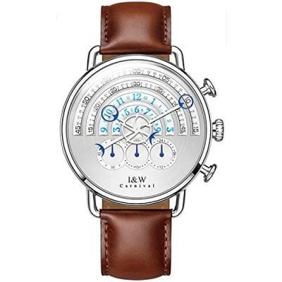 Image of Luxury Men Chronograph Sapphire Big Dial Silver Stainless Steel Waterproof Quartz Brown Leather Watches (brown)