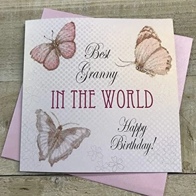 Image of white cotton cards Best Granny in The World Happy Birthday Handmade Card with Vintage Butterflies, PDT10PWORLD
