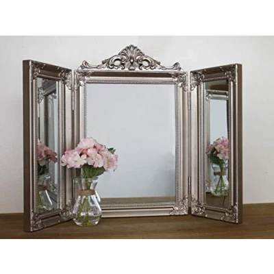 Image of HomeZone Dressing Table Mirror 3 Sided Folding Rectangular Free Standing Gold Art Ornate Glass Decorative Home Accessories for Bedroom, Living Room Decor