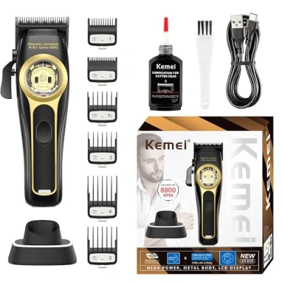 Image of KEMEI Professional Hair Clippers for Men, Cordless Barber with 8800 RPM Magnetic Levitation Motor, Adjustable Premium Cutting Kit Charging Base