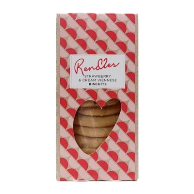 Image of Rendles Strawberry &amp; Cream Viennese Biscuits (150g) Melt in Mouth Indulgent Treat, Delicious Pieces White Chocolate Chips, Delightful Gift, Ideal for Sharing, Vegetarian, Nut Free