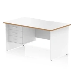 Image of Oslo 1400 x 800mm Edge Office Desk White Top Natural Wood Panel End Leg Workstation 1 3 Drawer Fixed Pedestal