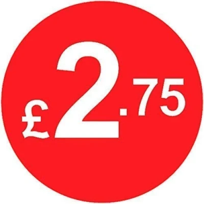 Image of Pack of 500 20mm Price Stickers/Labels Choose from 10p to £95 Bright Red Many Prices (£2.75 Red)