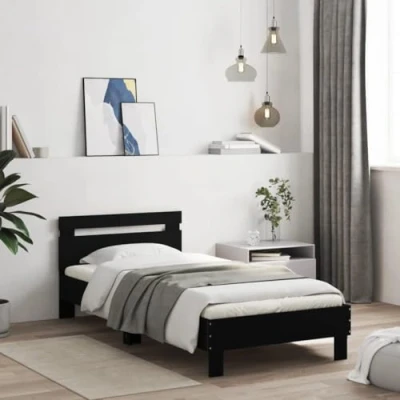 Image of vidaXL Single Bed Frame 100x200 cm Modern Engineered Wood Bedroom Furniture with Headboard, Black, LED Lights, and Plywood Slats
