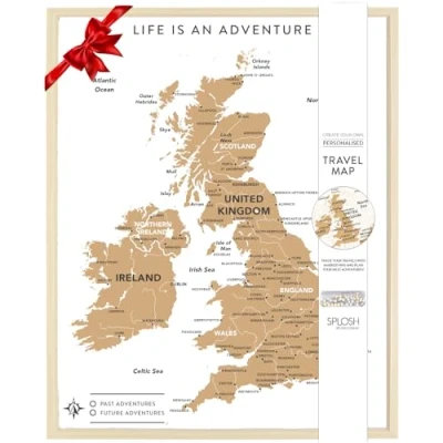 Image of Splosh Travel Map Desk UK Pin Board in White, Wooden Frame. with 100 Pins 2 Colours to Personalise and Mark Your Past Future Adventures, Push Map.