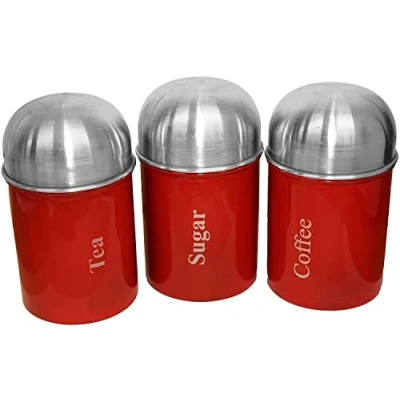Image of MantraRaj Red 3 Piece Tea Coffee Sugar Storage Canister Set Steel Kitchen Caddy and Perfect for home Professional Use Gift Housewarming, Birthdays, Weddings, Mother&#039;s Day