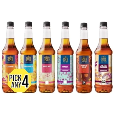 Image of Tate &amp; Lyle Pure Cane Syrups For Coffee Drinks. Pick Any 4 Bottles from 6+ Flavours Inc. Salted Caramel, Pumpkin Spice, Hazelnut, Gingerbread, Vanilla and Caramel. (Each Bottle 750ml)