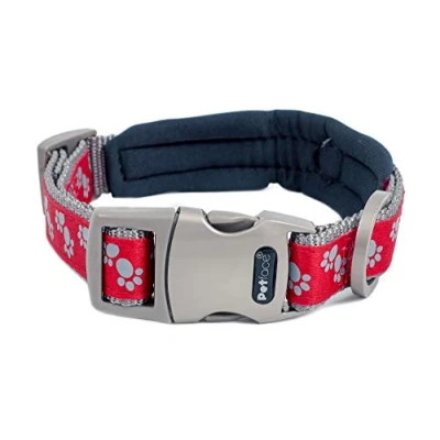 Image of Petface Signature Padded Dog Collar, Large, Red With Grey Paws